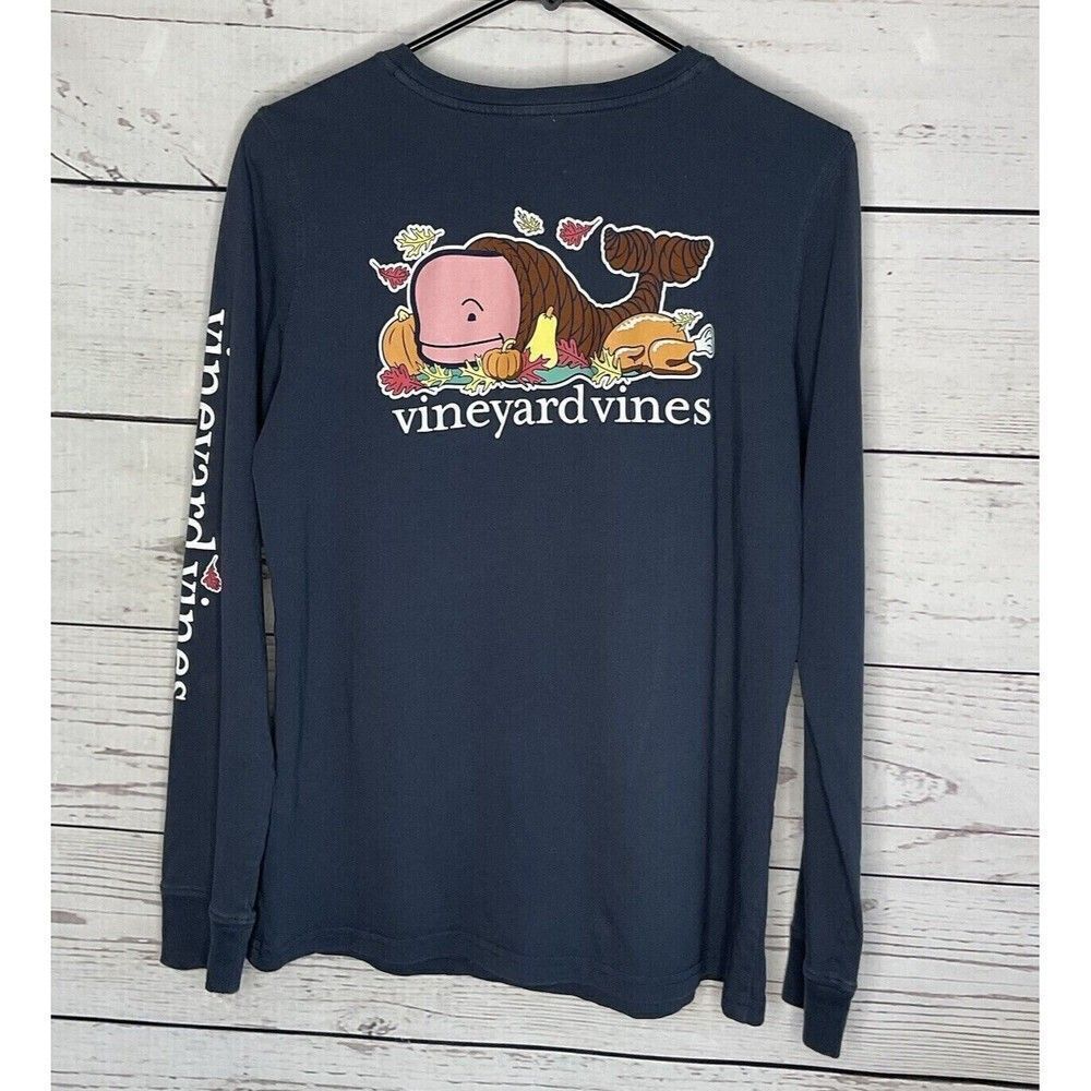 Vineyard Vines Thanksgiving Whale Mens Size S‎ Blue Cotton Long Sleeve T-Shirt